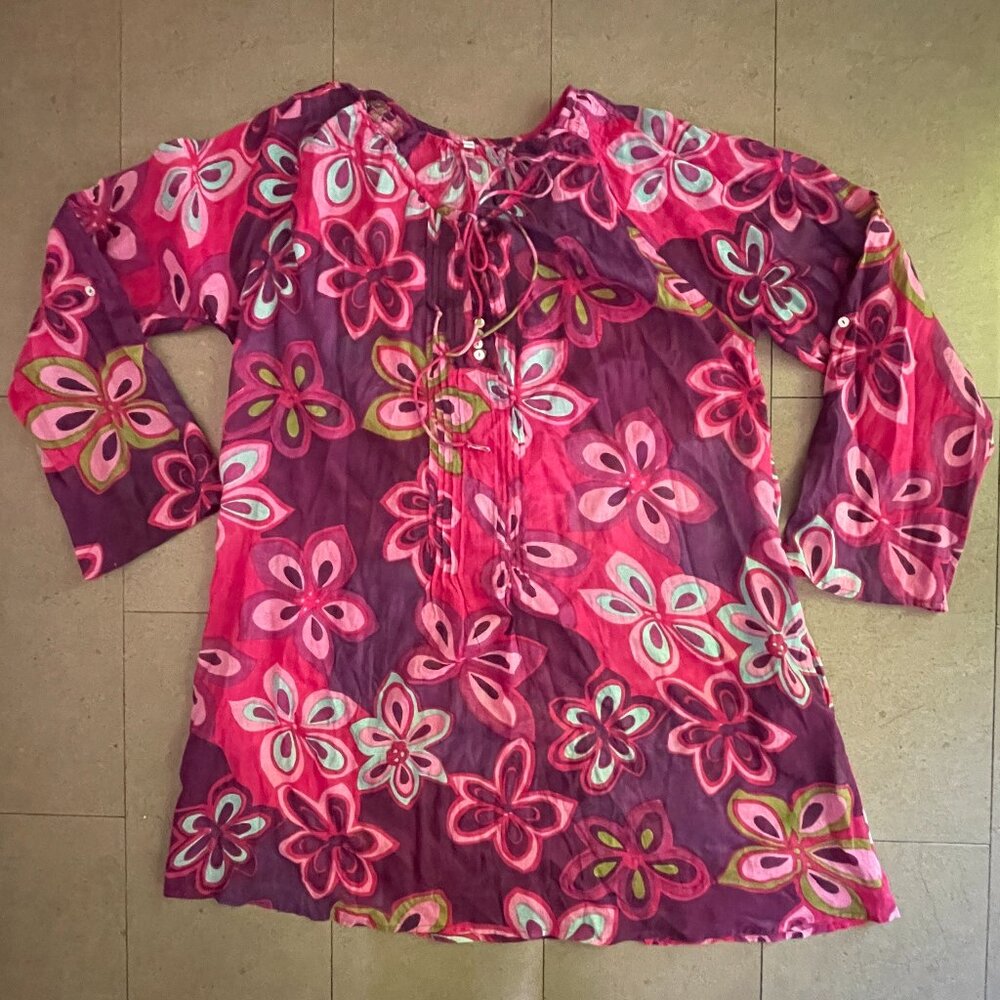 Pink Floral Sheer 100% Cotton Dress/Swim Cover up-Size L/XL